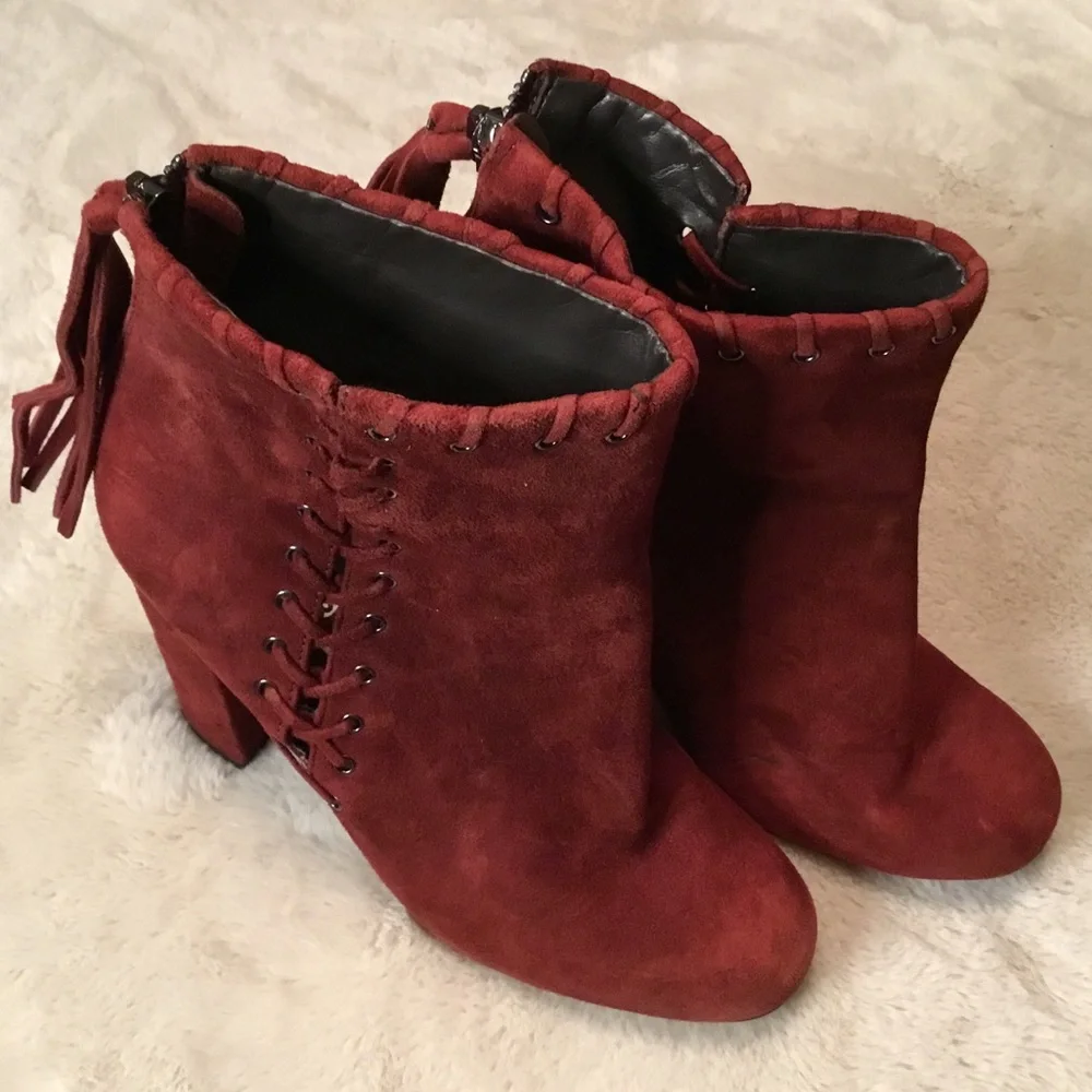 Karl Lagerfeld Sylvia Burgundy Red Chunky Heel Suede Ankle Boots Tassels - 6